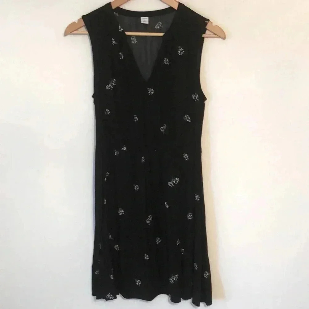 Old Navy Black Floral Mini Daisy V Neck Dress